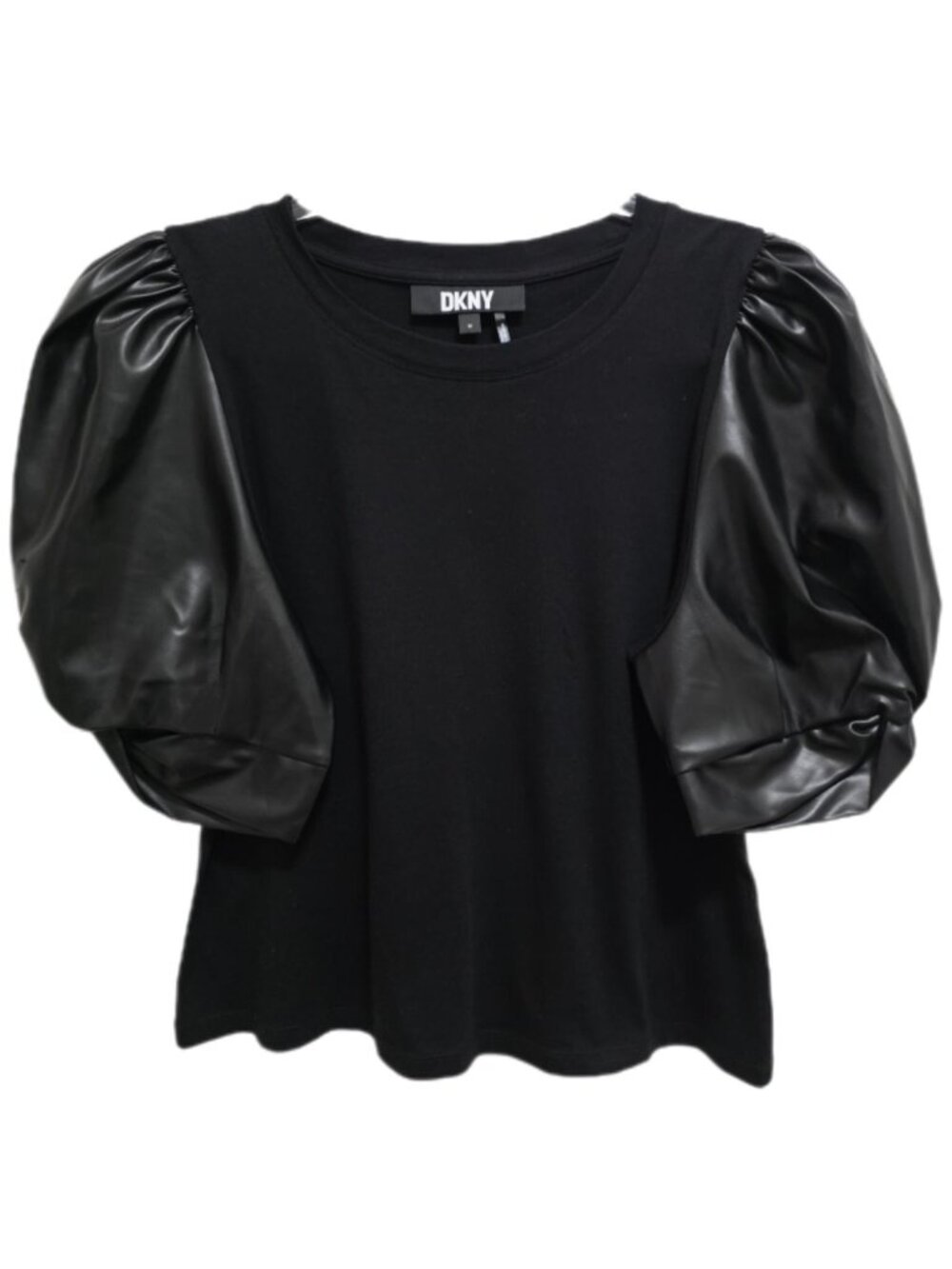 1456 DKNY 3/4 Balloon Faux Leather Sleeves Pullover Top Sz.M Womens